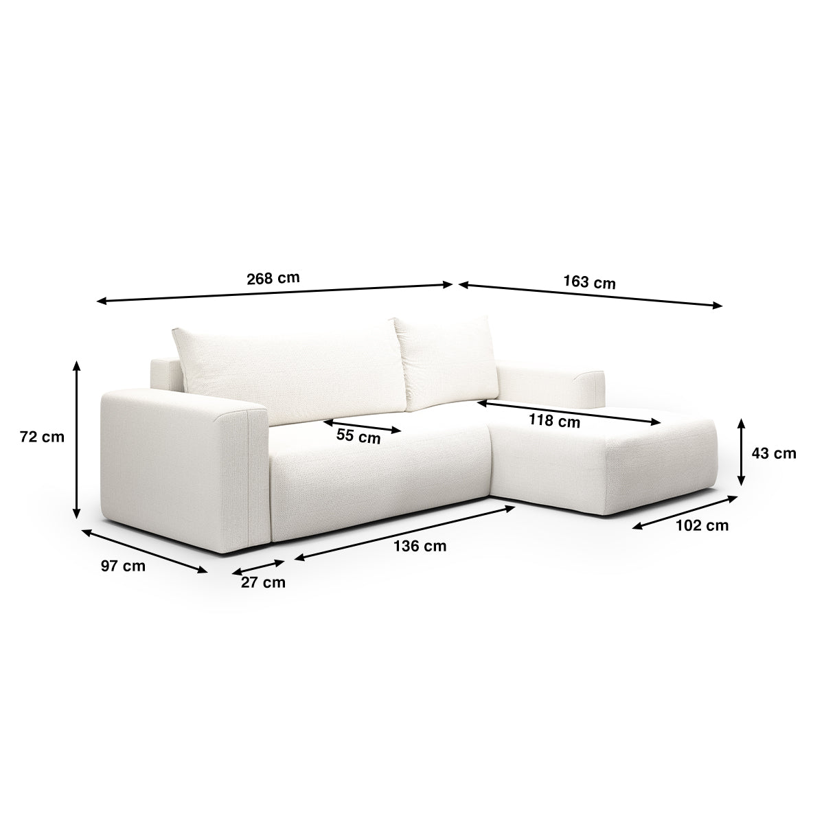 Canapé d'angle convertible droite 3 places coffre Bliss Blanc Cassé - vue 6