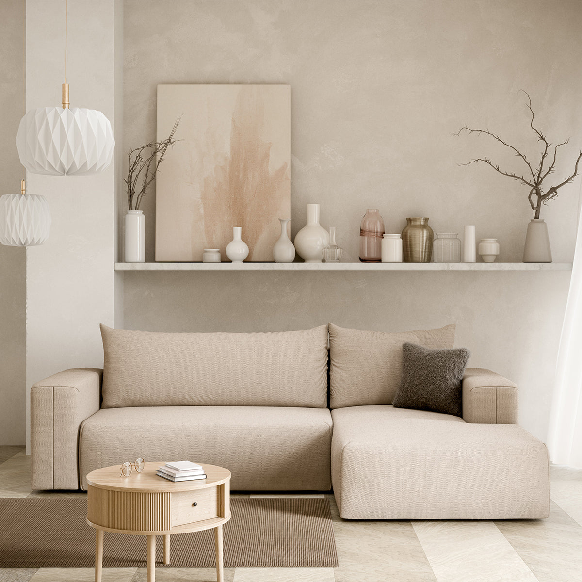 Canapé d'angle convertible droite 3 places coffre Bliss Beige - vue 2