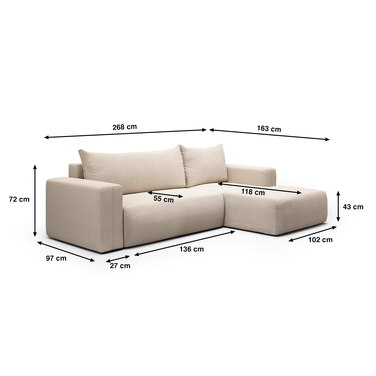 Canapé d'angle convertible droite 3 places coffre Bliss Beige - vue 6