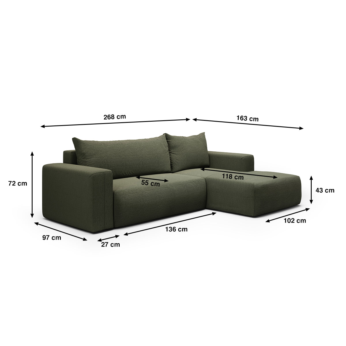 Canapé d'angle convertible droite 3 places coffre Bliss Vert Sapin - vue 6