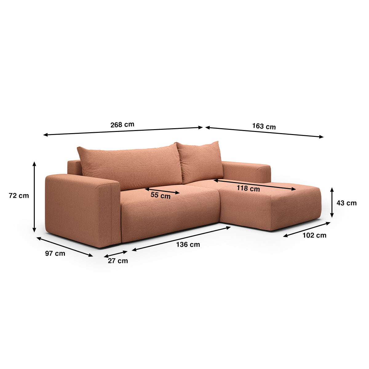 Canapé d'angle convertible droite 3 places coffre Bliss Cuivre - vue 6