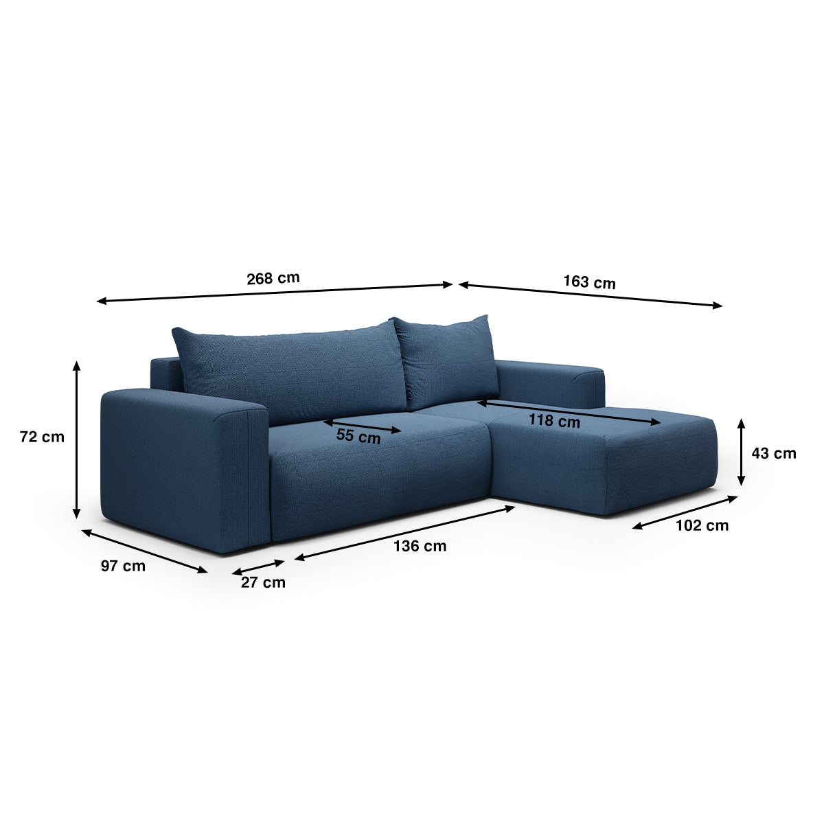 Canapé d'angle convertible droite 3 places coffre Bliss Bleu - vue 6