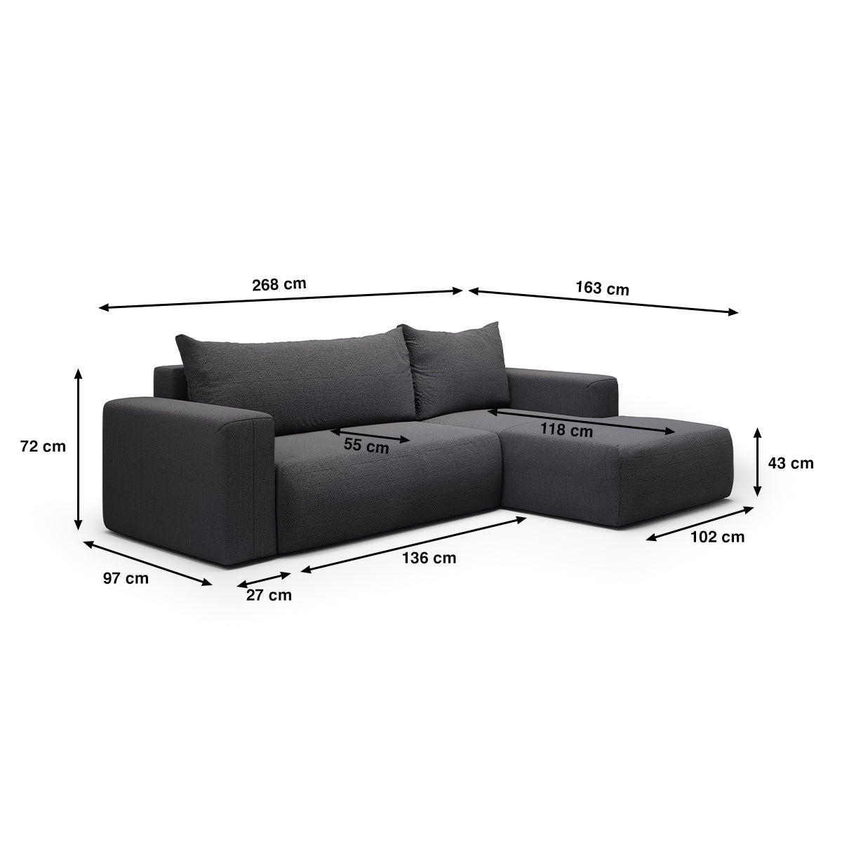 Canapé d'angle convertible droite 3 places coffre Bliss Gris foncé - vue 6