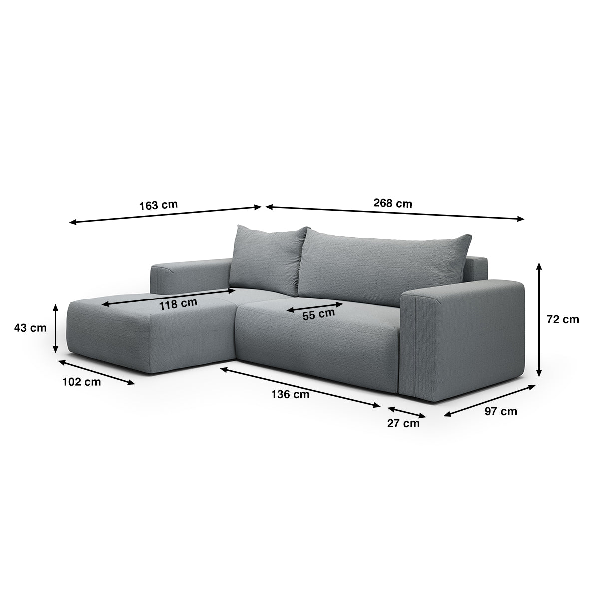 Canapé d'angle convertible gauche 3 places coffre Bliss Gris - vue 6