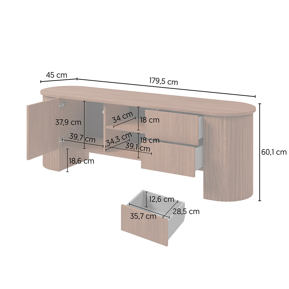 Meuble TV 1 porte 2 tiroirs 180 cm Canopée Bois foncé - vue 9