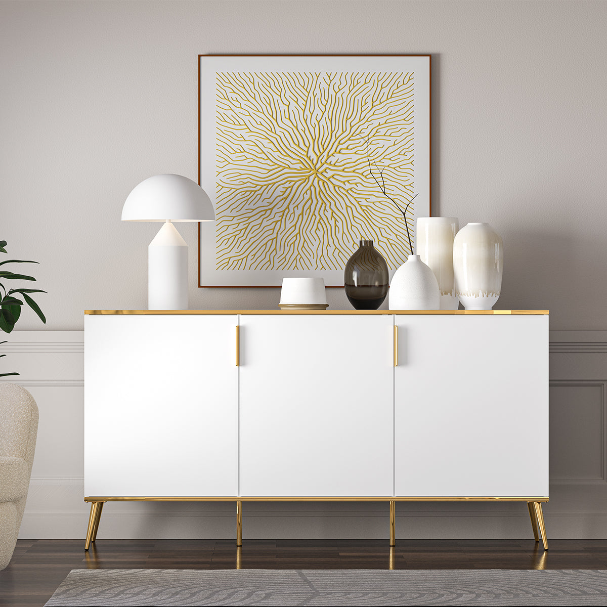 Buffet 3 portes Zora Blanc et Doré - vue 3
