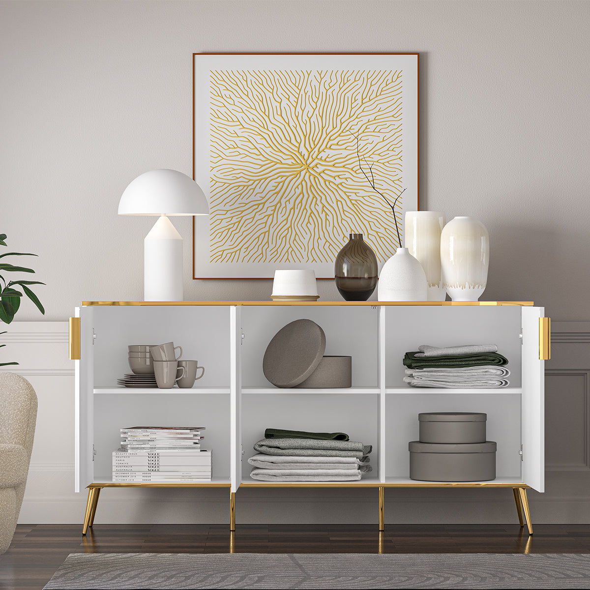 Buffet 3 portes Zora Blanc et Doré - vue 4