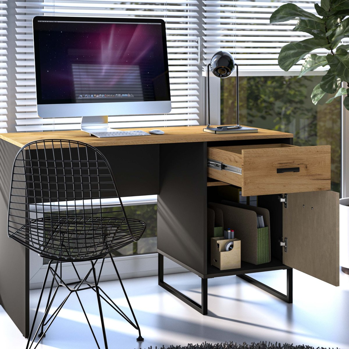Bureau 1 porte 1 tiroir Zoran Noir et Bois - vue 4