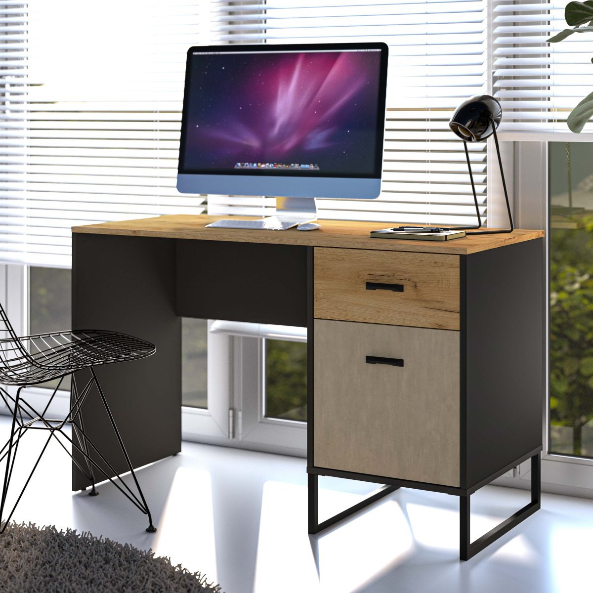 Bureau 1 porte 1 tiroir Zoran Noir et Bois - vue 2