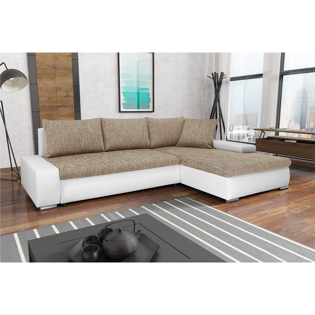Canapé d'angle convertible droit 4 places avec coffre Joakim Beige et Blanc - vue 2