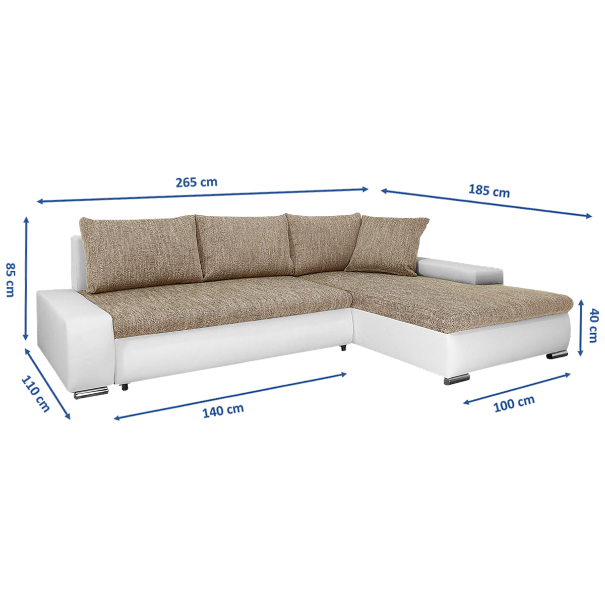 Canapé d'angle convertible droit 4 places avec coffre Joakim Beige et Blanc - vue 3