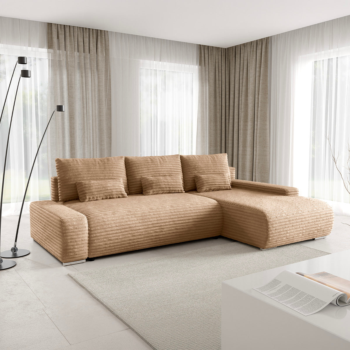 Canapé d'angle droit convertible 3 places avec coffre Ivana Beige