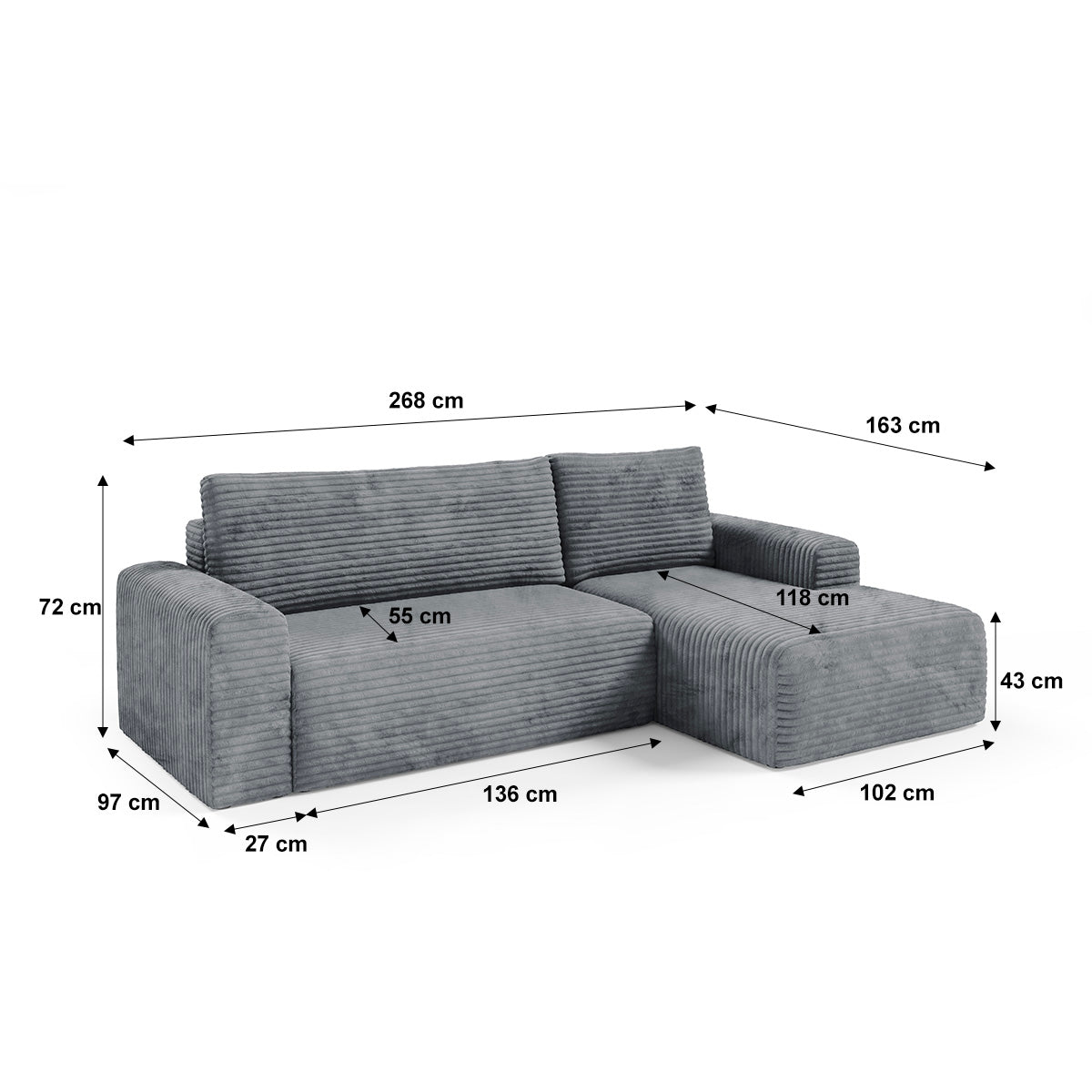 Canapé d'angle droit convertible 3 places avec coffre Romeo Gris foncé - vue 9