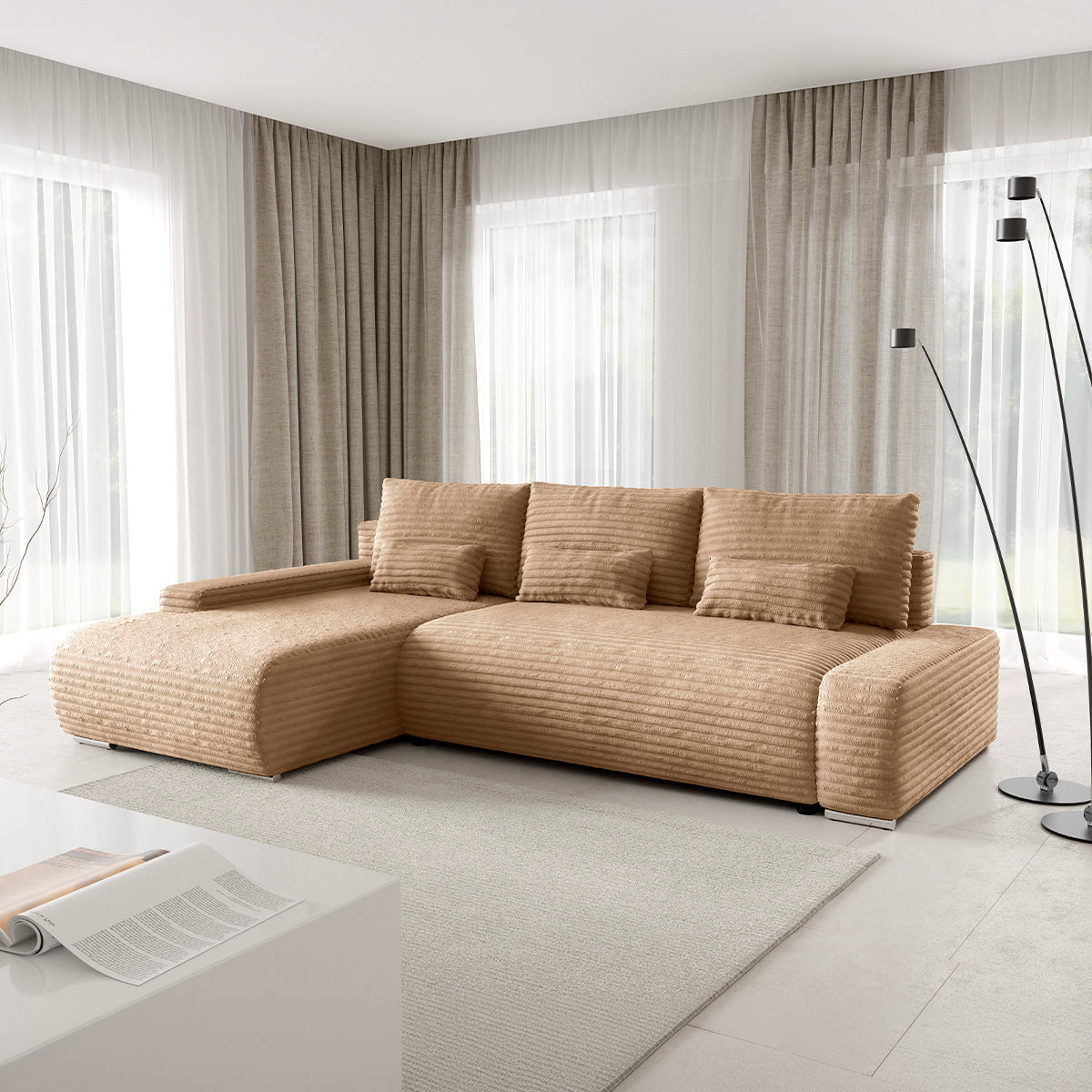 Canapé d'angle gauche convertible 3 places avec coffre Ivana Beige