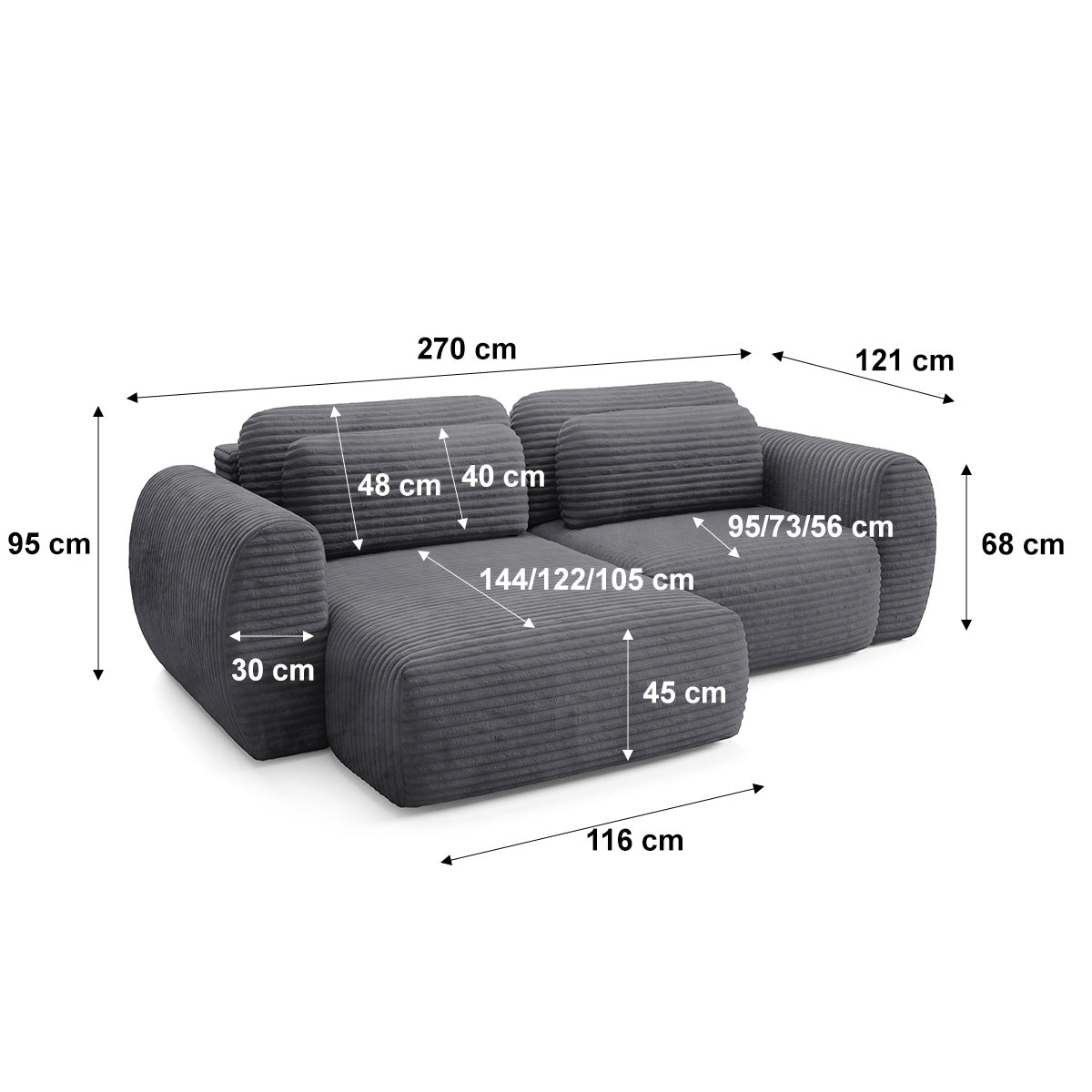 Canapé d'angle réversible et convertible 3 places avec coffre Camilla Gris foncé - vue 8