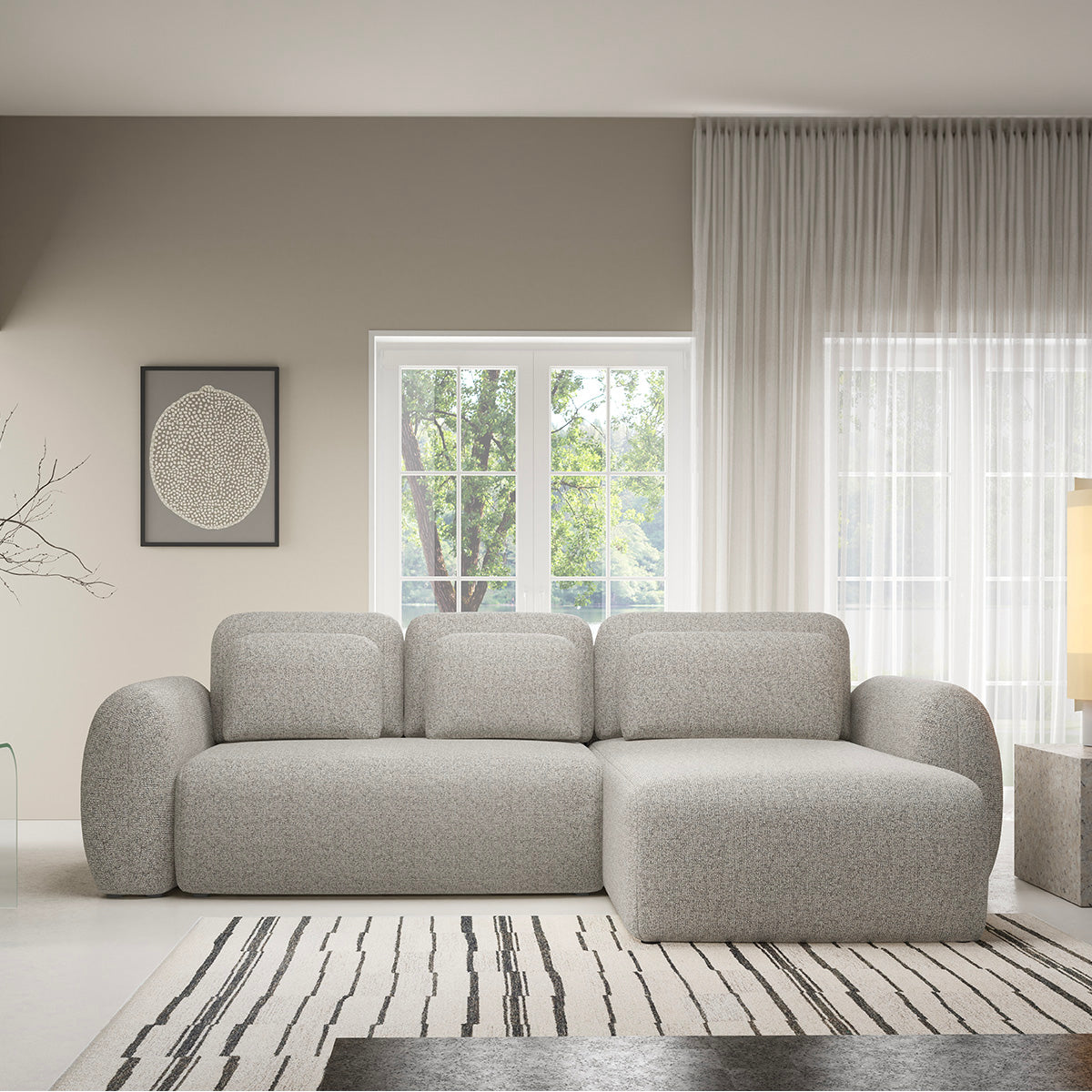 Canapé d'angle réversible et convertible 3 places avec coffre Carmela Gris clair