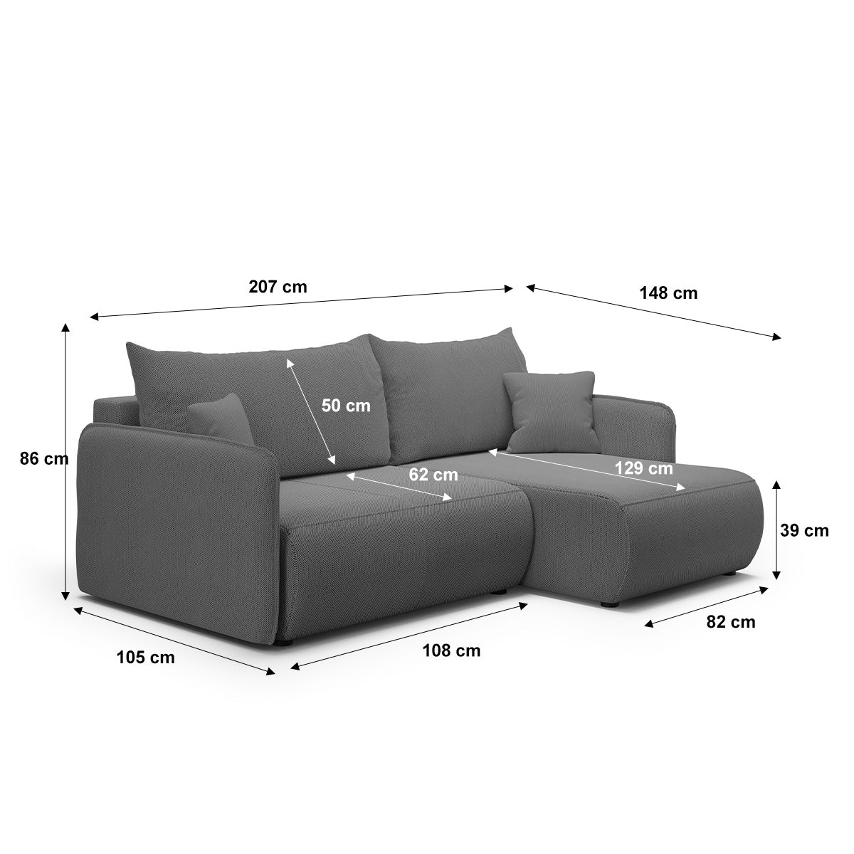 Canapé d'angle réversible et convertible 3 places avec coffre Claudio Gris foncé - vue 6
