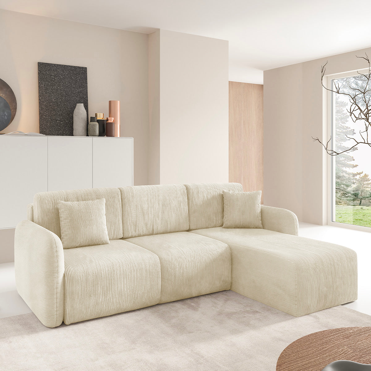 Canapé d'angle réversible et convertible 3 places avec coffre Dora Beige