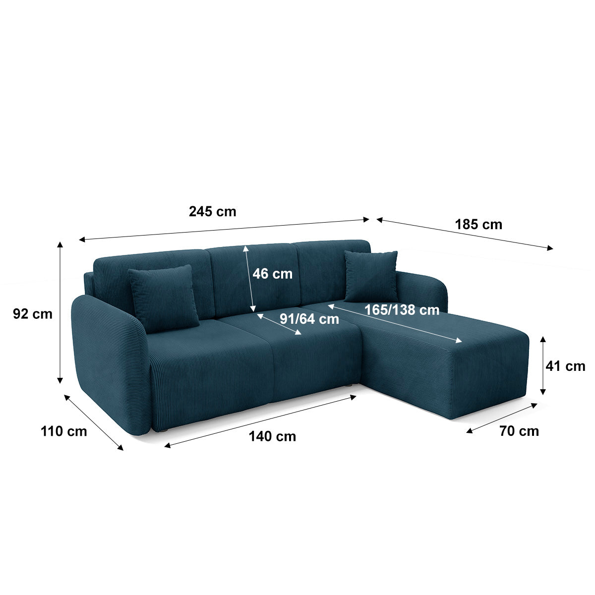 Canapé d'angle réversible et convertible 3 places avec coffre Dora Bleu foncé - vue 7