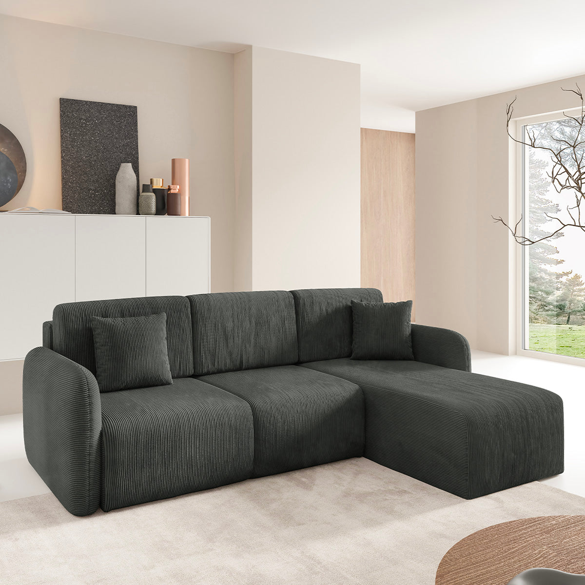 Canapé d'angle réversible et convertible 3 places avec coffre Dora Gris foncé