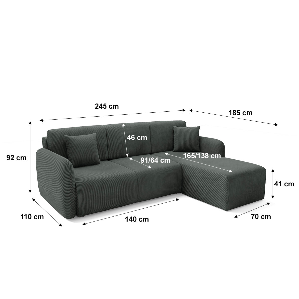 Canapé d'angle réversible et convertible 3 places avec coffre Dora Gris foncé - vue 7
