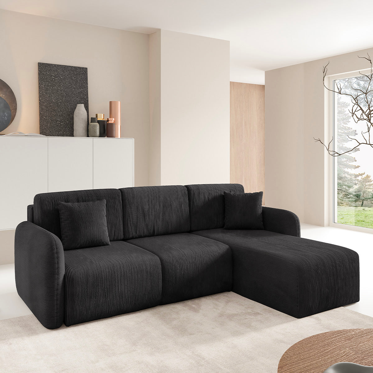 Canapé d'angle réversible et convertible 3 places avec coffre Dora Noir