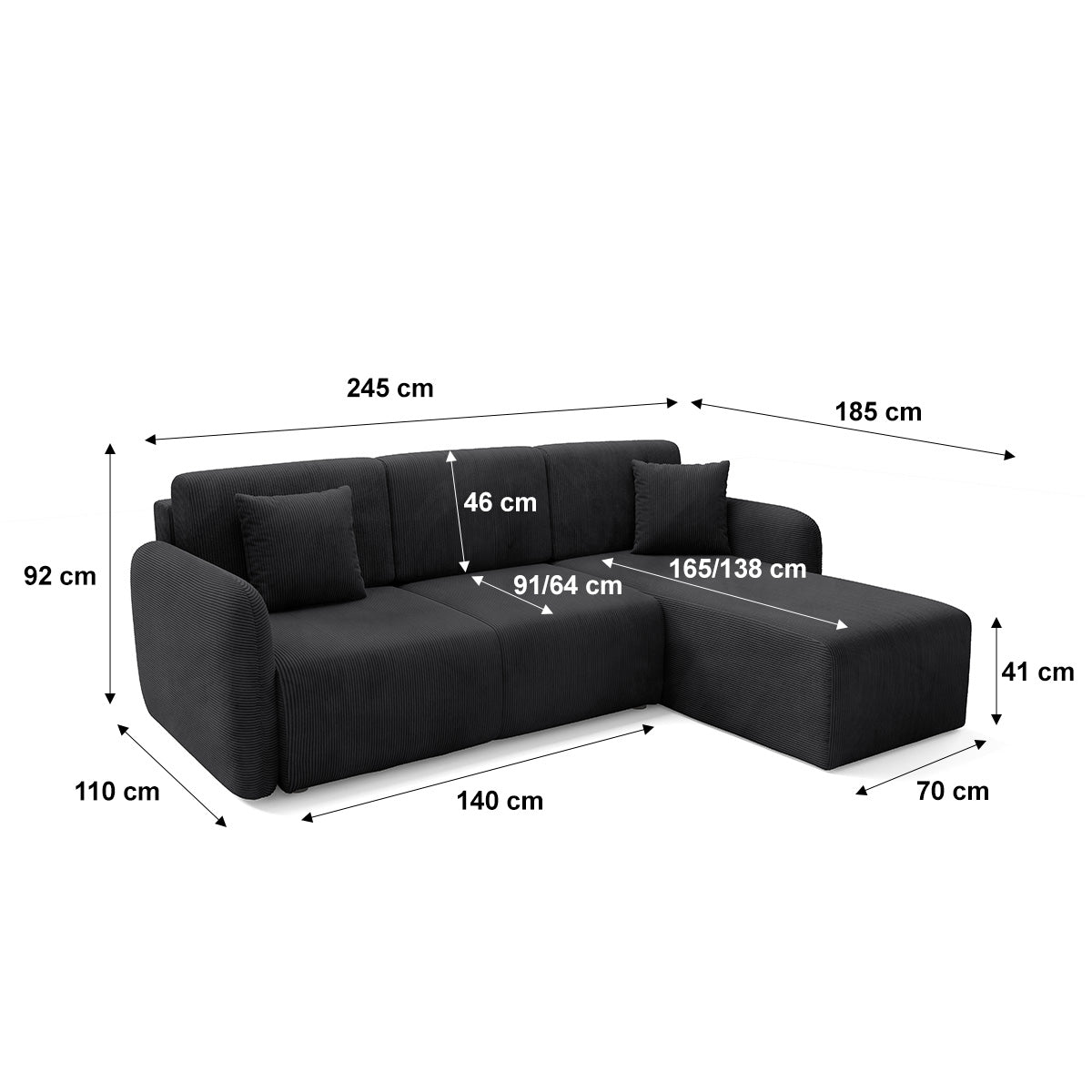 Canapé d'angle réversible et convertible 3 places avec coffre Dora Noir - vue 7