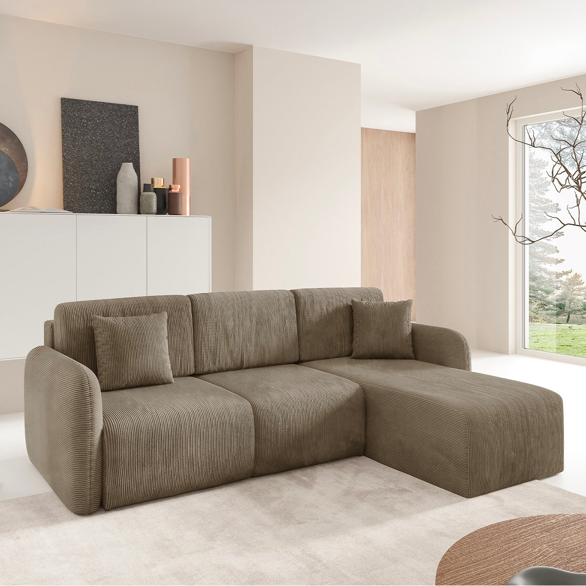 Canapé d'angle réversible et convertible 3 places avec coffre Dora Taupe
