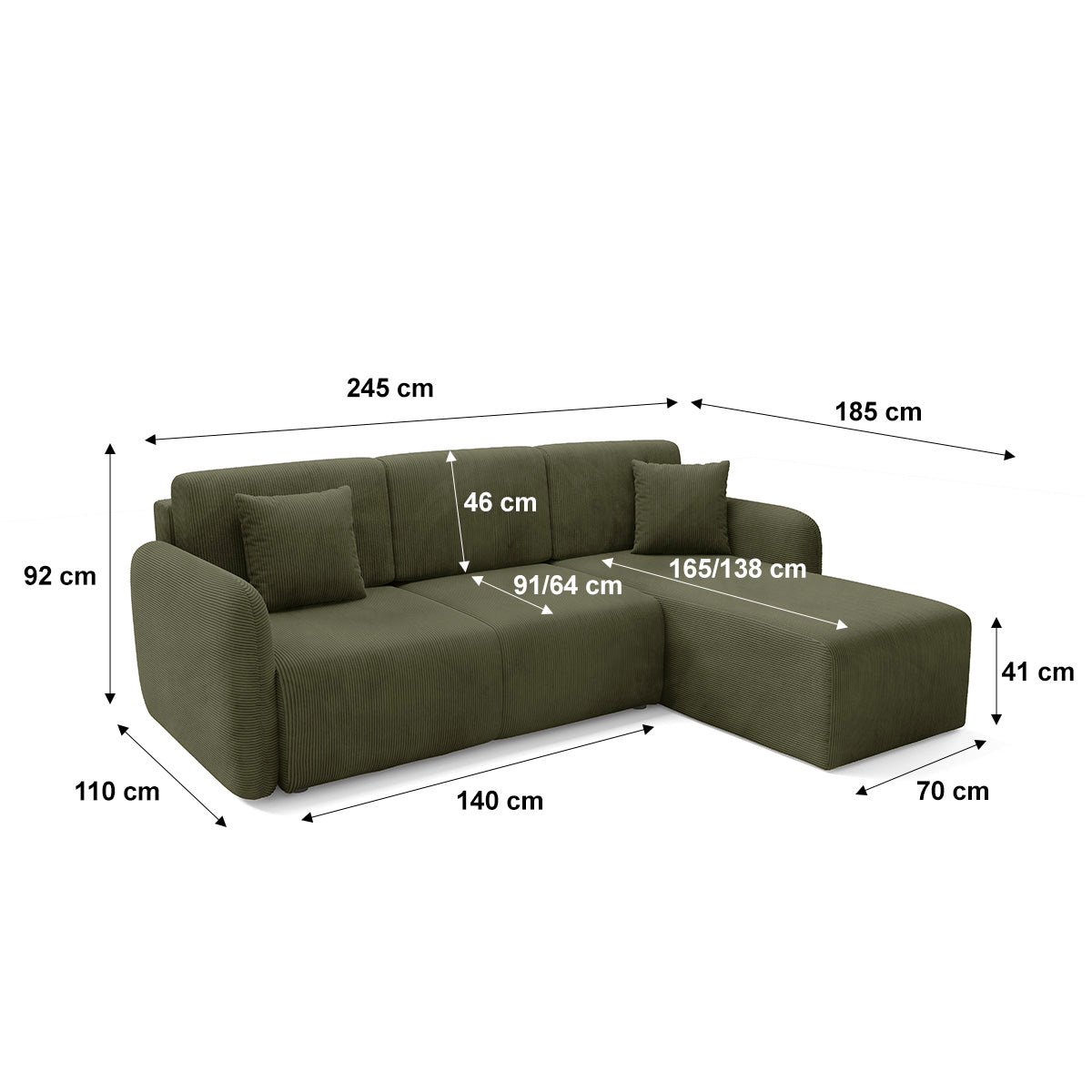 Canapé d'angle réversible et convertible 3 places avec coffre Dora Vert - vue 7