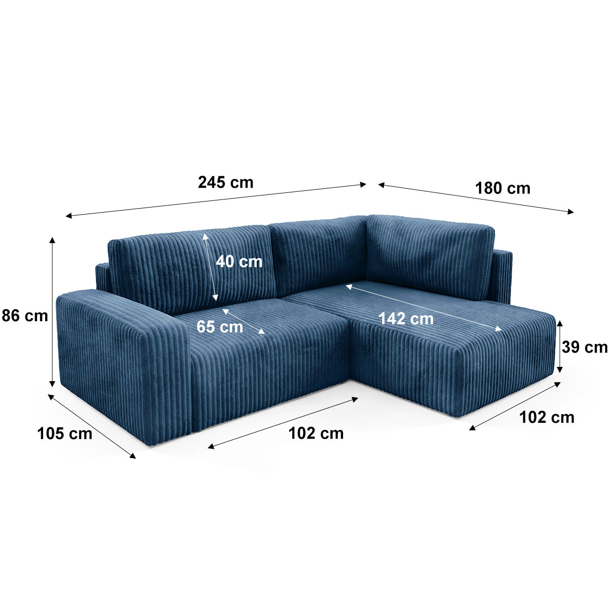 Canapé d'angle réversible et convertible 4 places avec coffre et accoudoirs Angela Bleu marine - vue 9