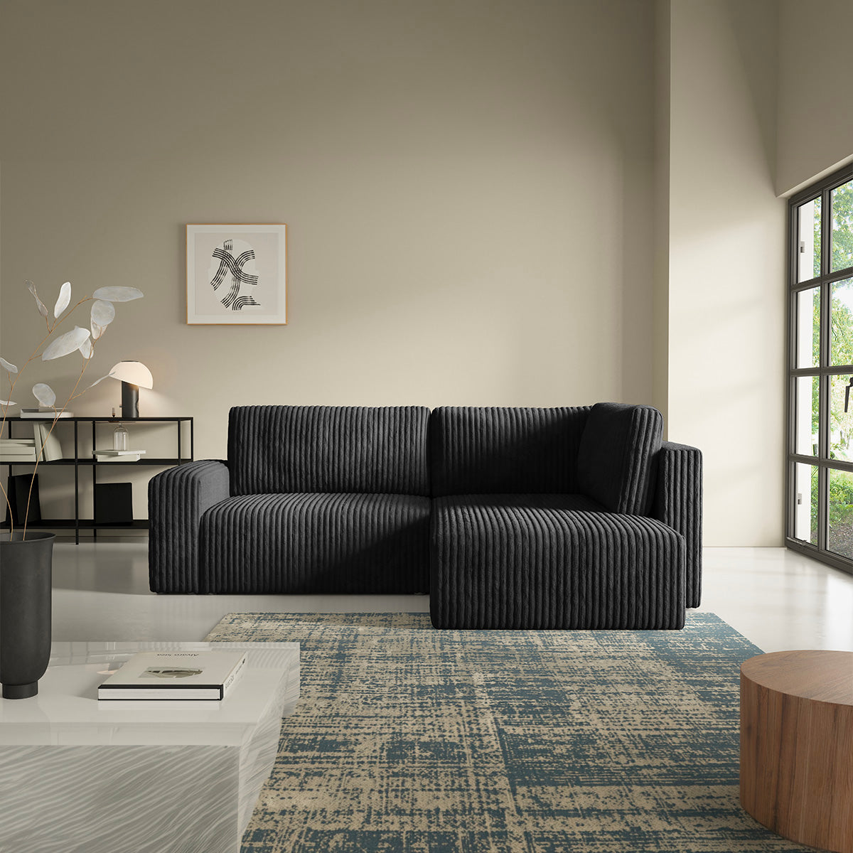 Canapé d'angle réversible et convertible 4 places avec coffre et accoudoirs Angela Noir