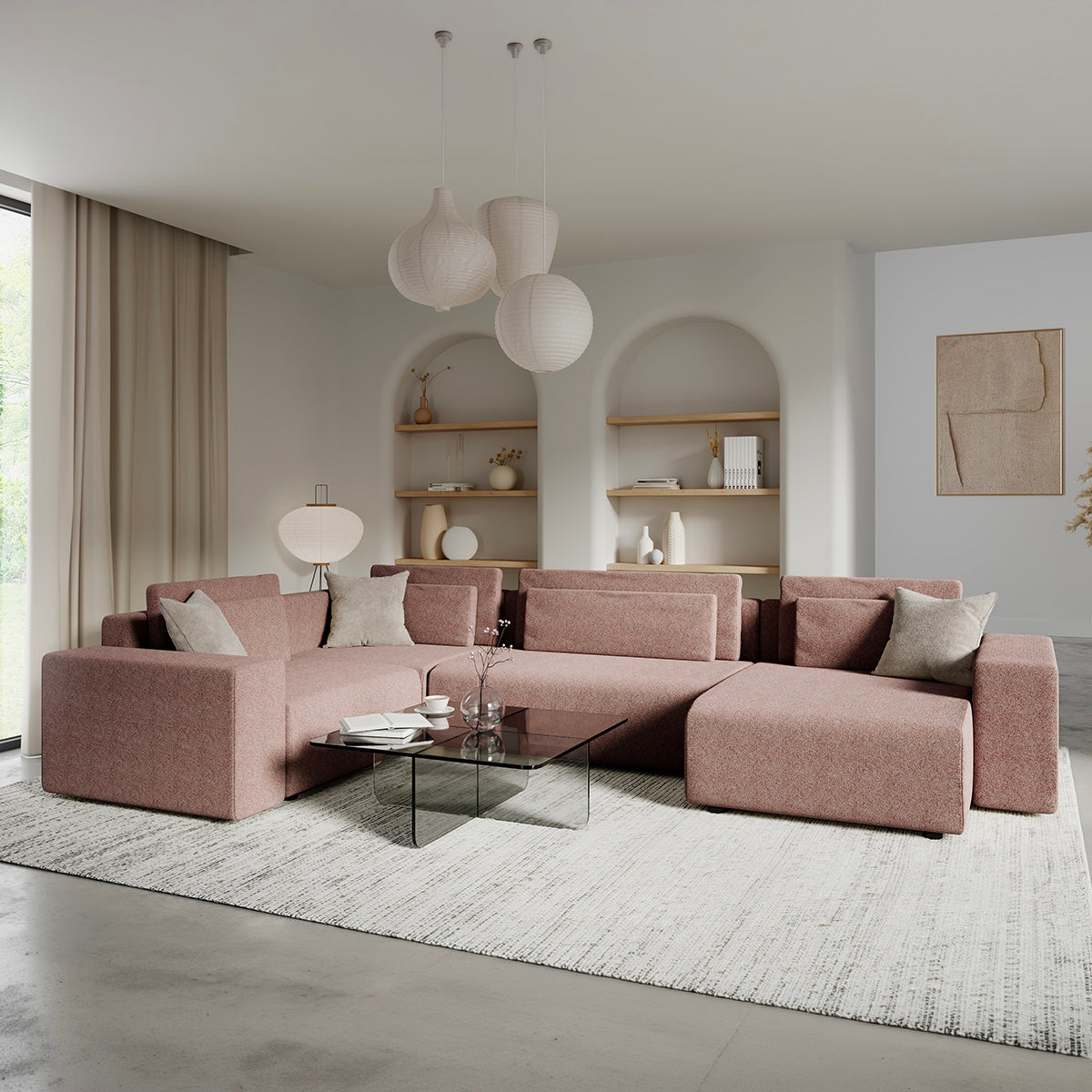 Canapé en U 5 places angle droit convertible avec coffre Lorenzo Rose