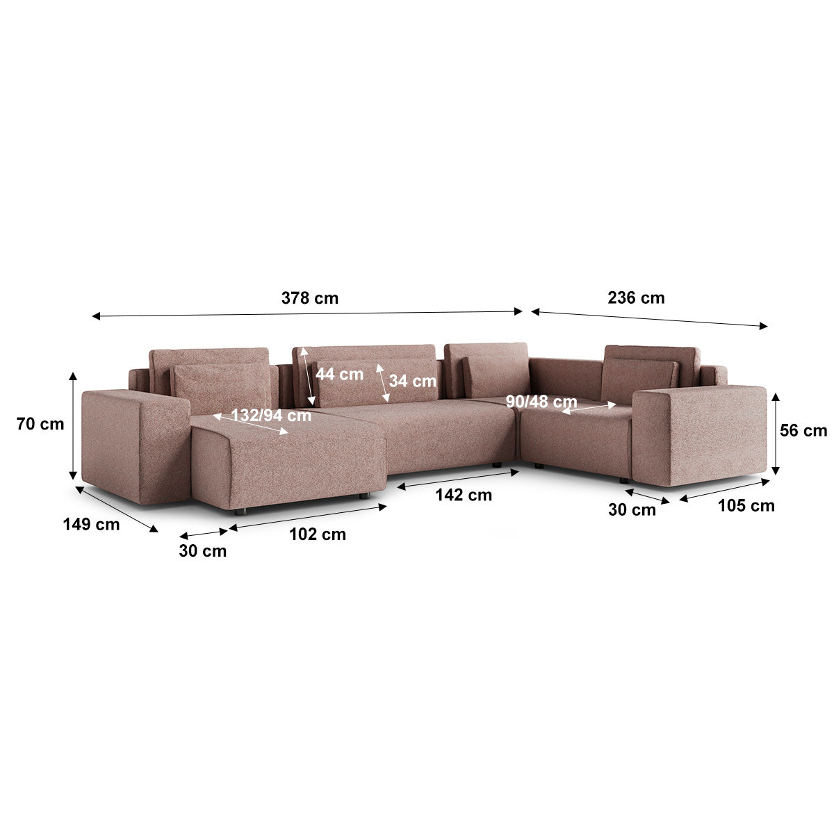 Canapé en U 5 places angle droit convertible avec coffre Lorenzo Rose - vue 6