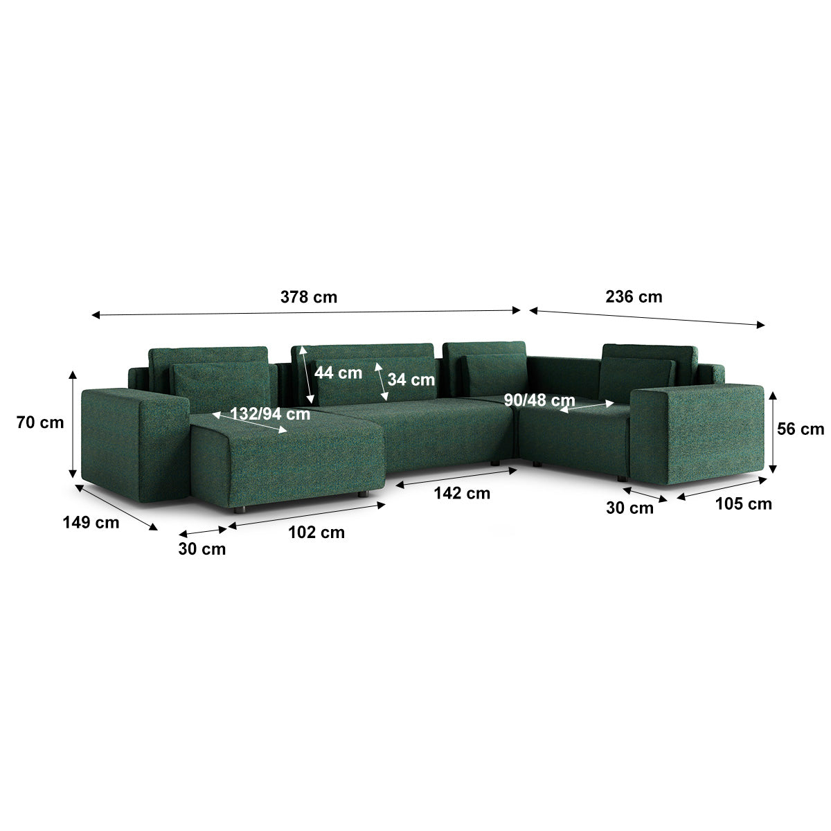Canapé en U 5 places angle droit convertible avec coffre Lorenzo Vert - vue 6