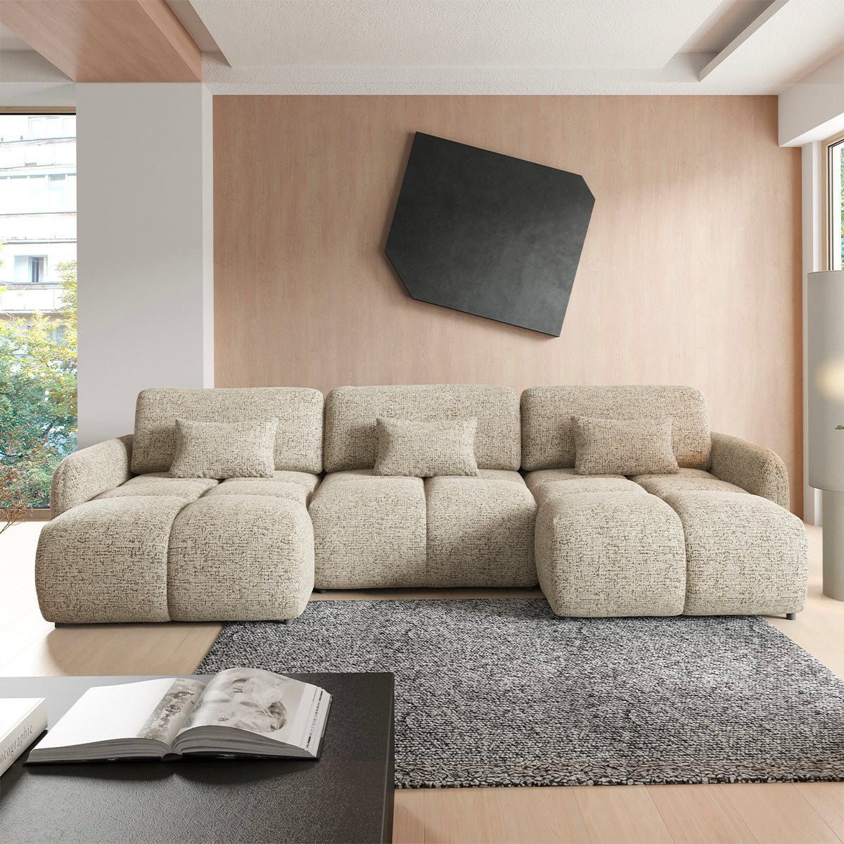 Canapé en U 5 places convertible avec coffre Vittoria Beige chiné