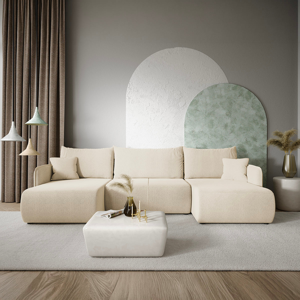 Canapé U 5 places convertible coffre Claudio Beige