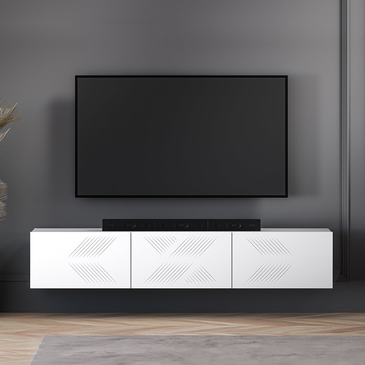 Meuble TV mural 3 portes 170 cm Aura Blanc - vue 4