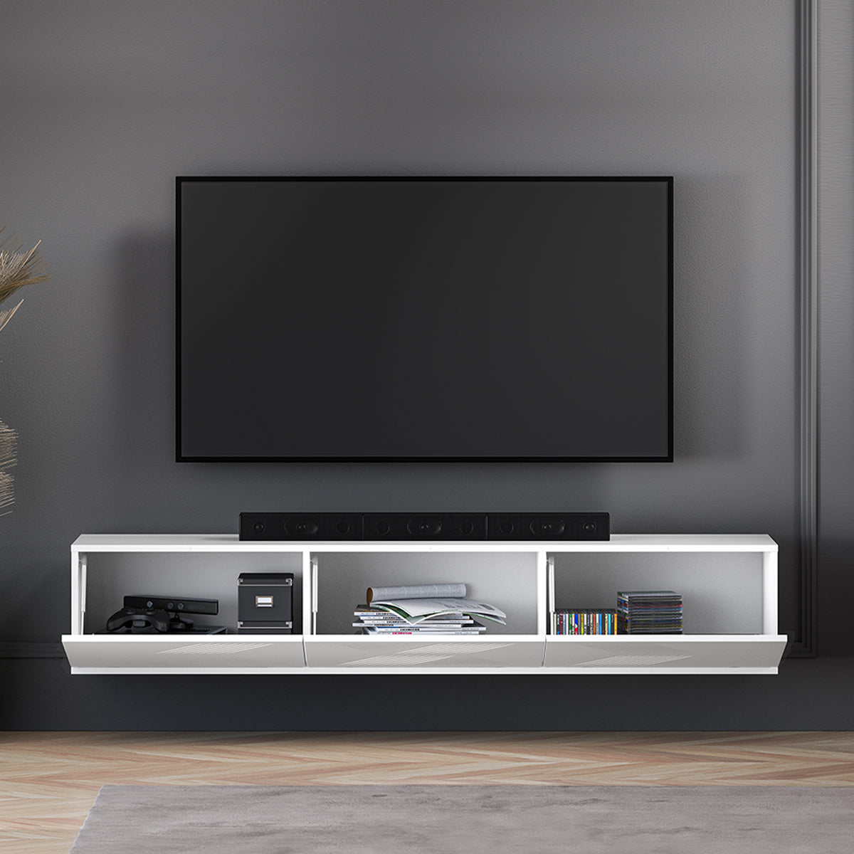Meuble TV mural 3 portes 170 cm Aura Blanc - vue 5