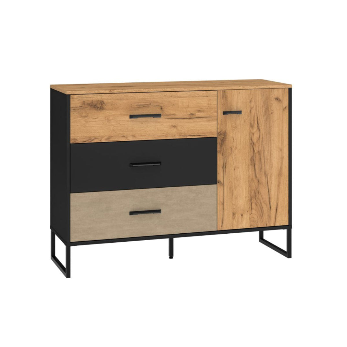 Commode 3 tiroirs 1 porte Zoran Noir et Bois