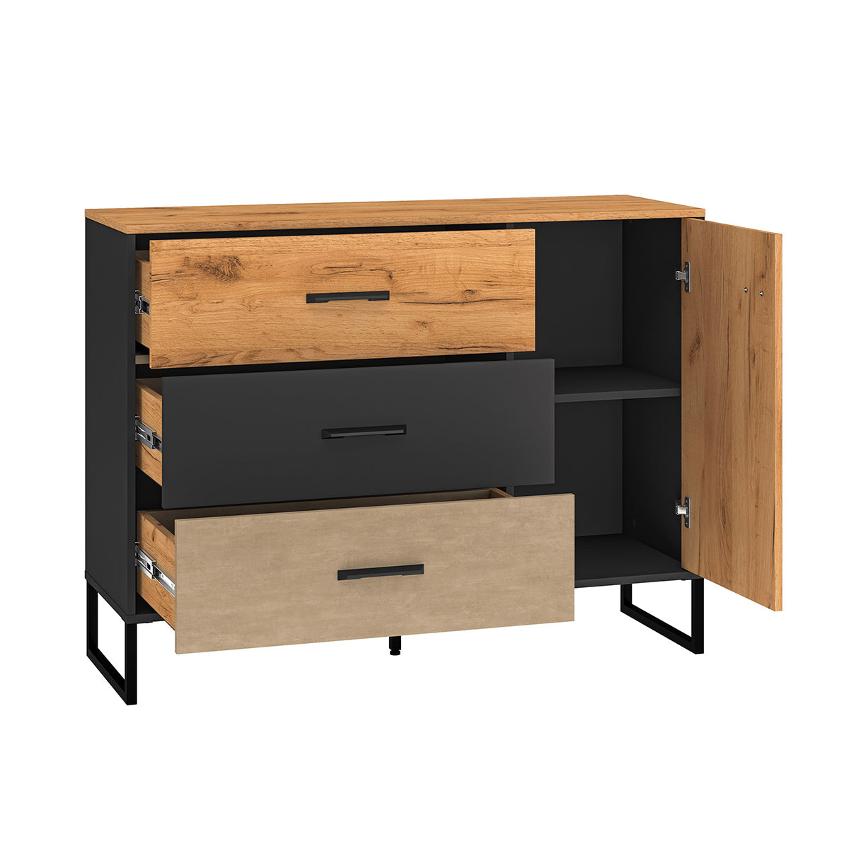 Commode 3 tiroirs 1 porte Zoran Noir et Bois - vue 3