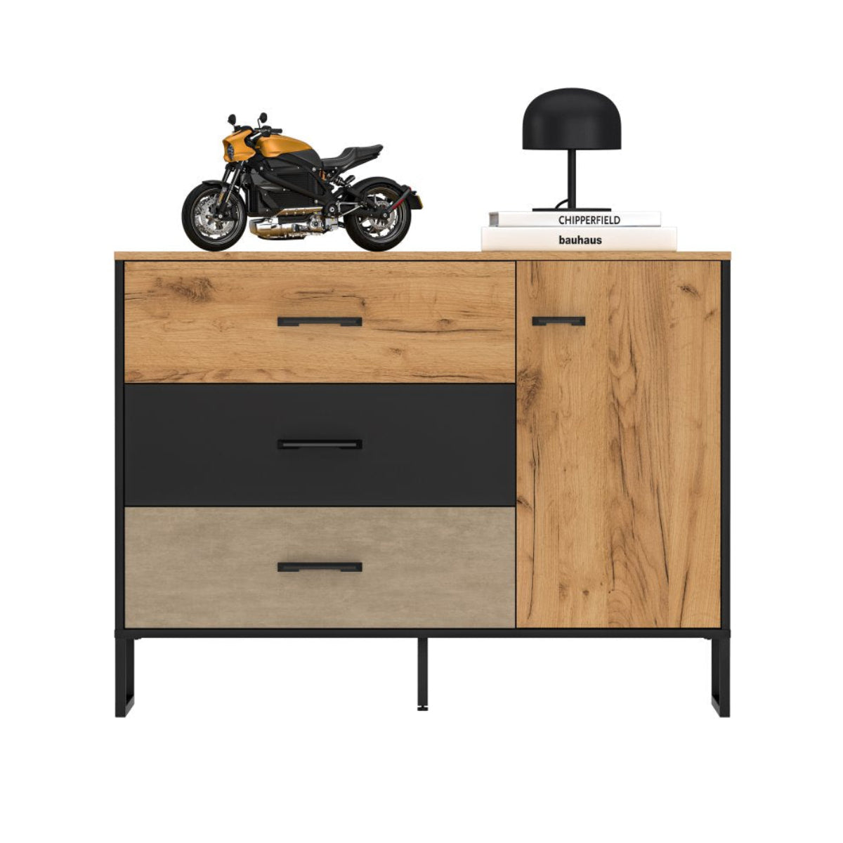 Commode 3 tiroirs 1 porte Zoran Noir et Bois - vue 9