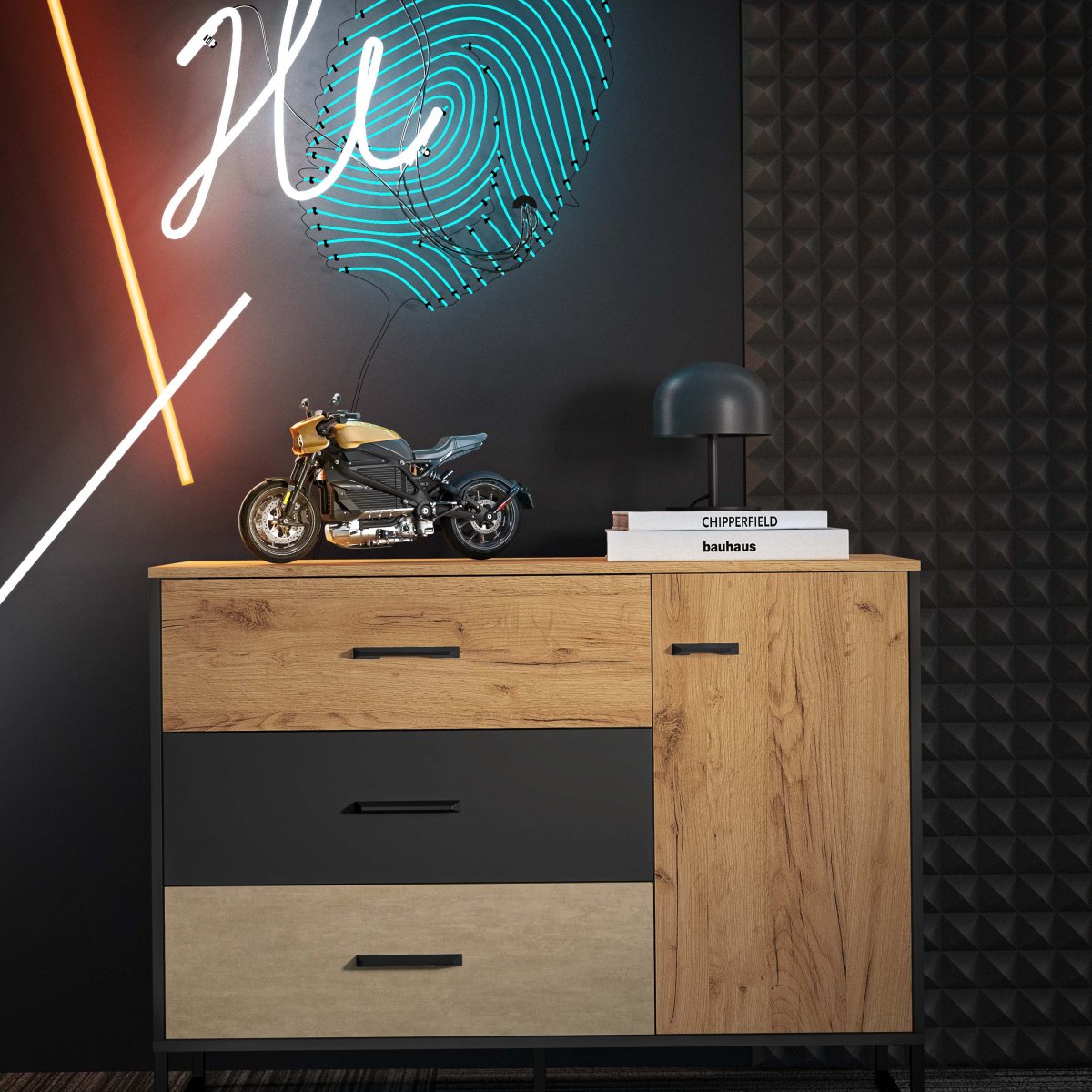 Commode 3 tiroirs 1 porte Zoran Noir et Bois - vue 8