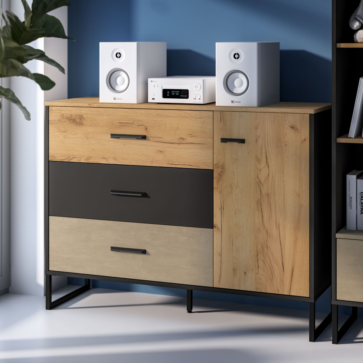 Commode 3 tiroirs 1 porte Zoran Noir et Bois - vue 2