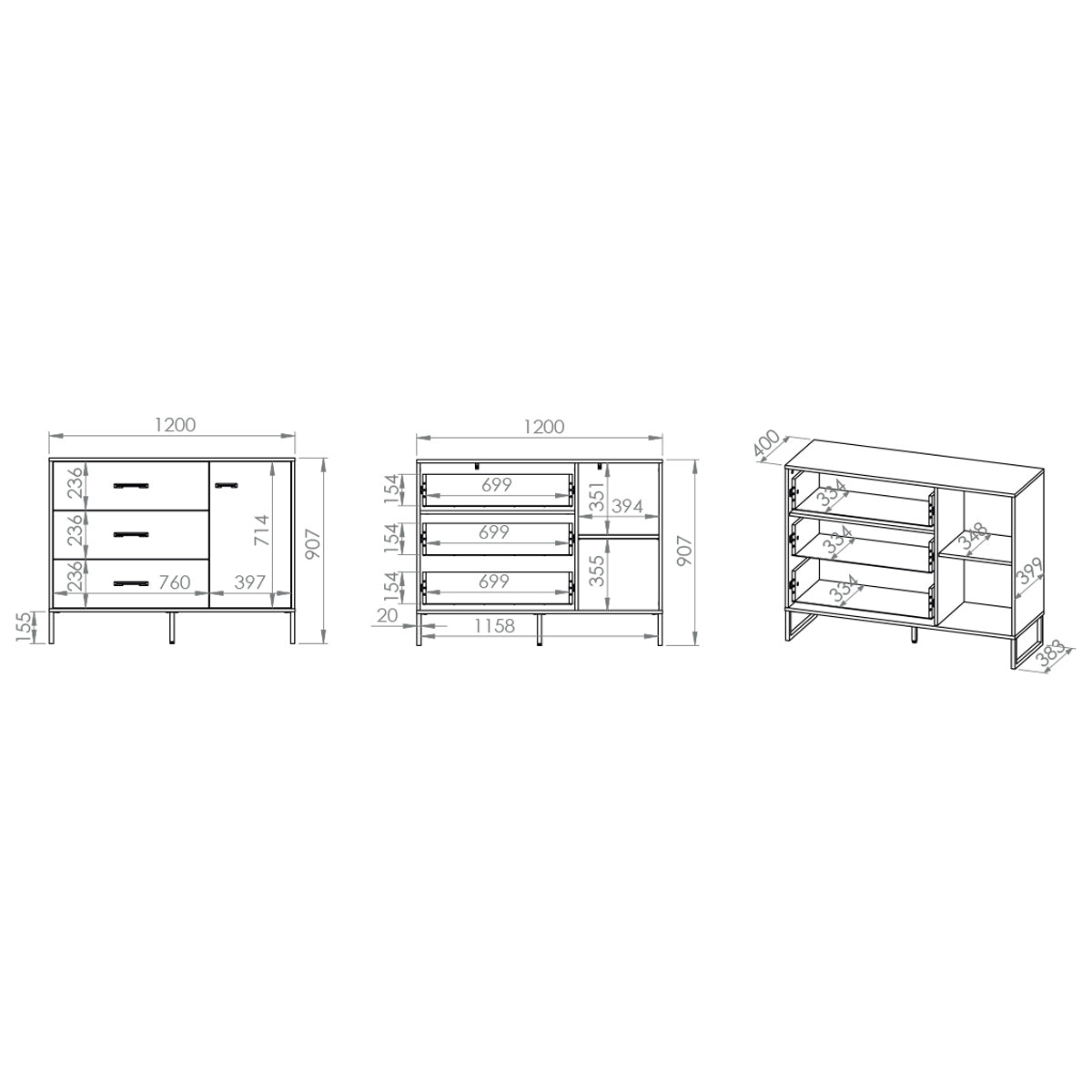 Commode 3 tiroirs 1 porte Zoran Noir et Bois - vue 10