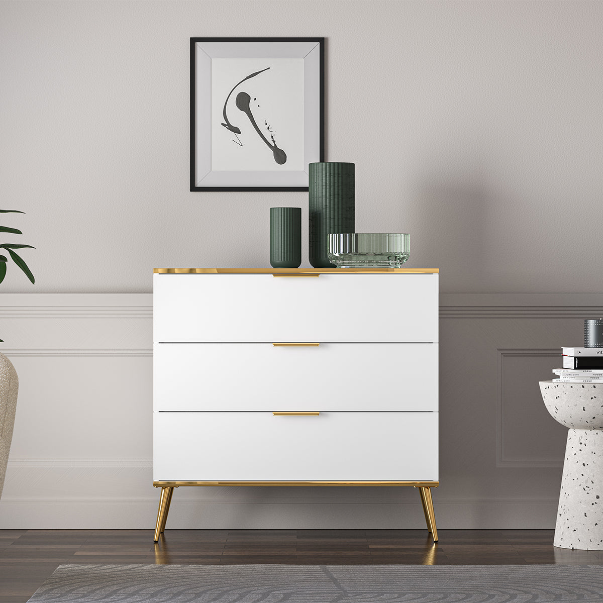 Commode 3 tiroirs Zora Blanc et Doré - vue 3