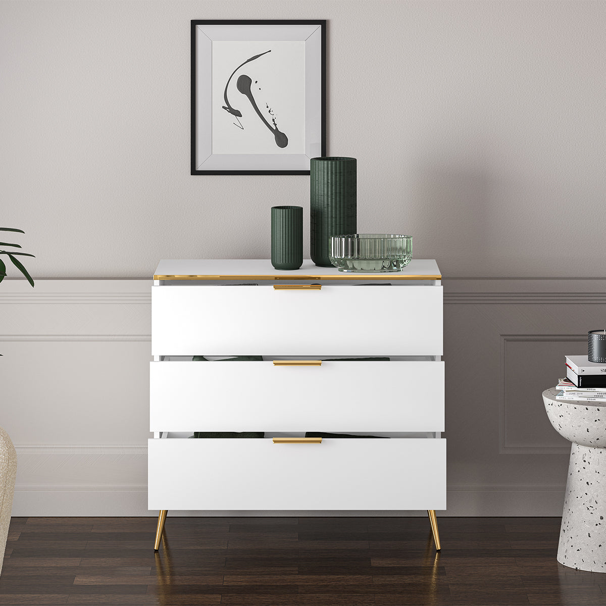 Commode 3 tiroirs Zora Blanc et Doré - vue 4