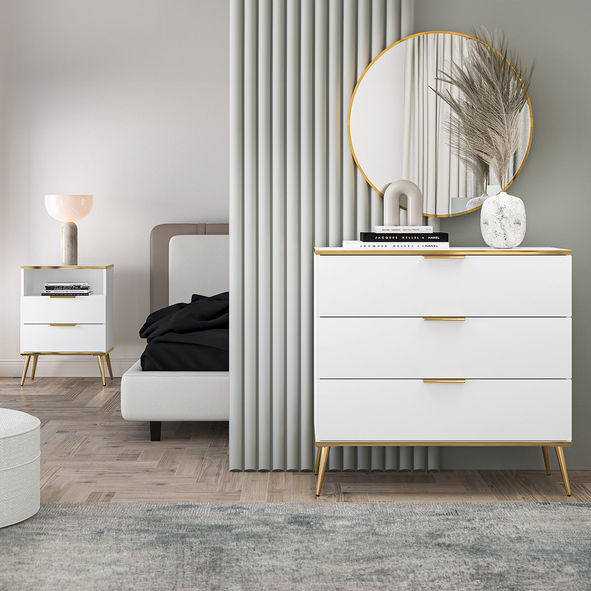 Commode 3 tiroirs Zora Blanc et Doré - vue 6