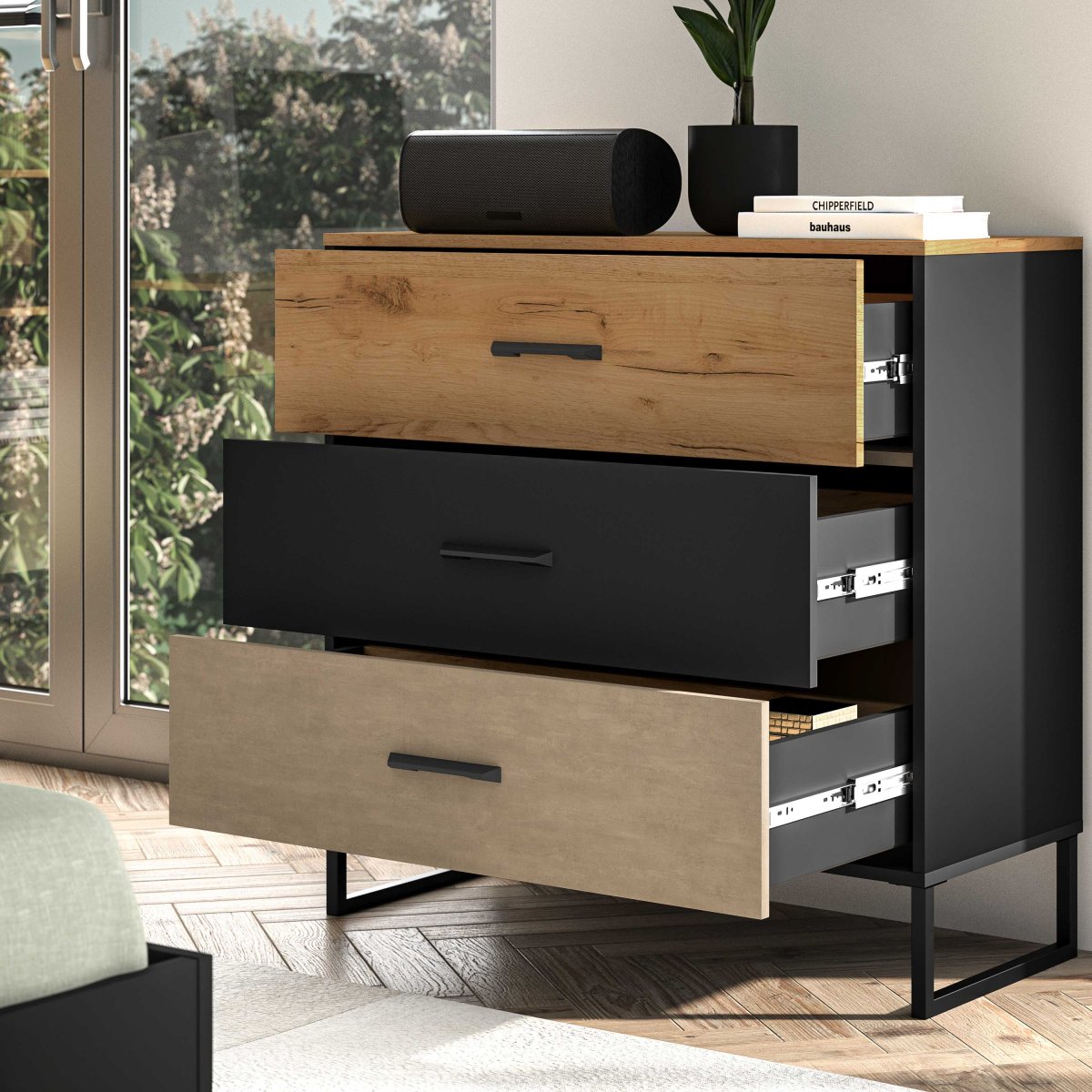 Commode 3 tiroirs Zoran Noir et Bois - vue 4