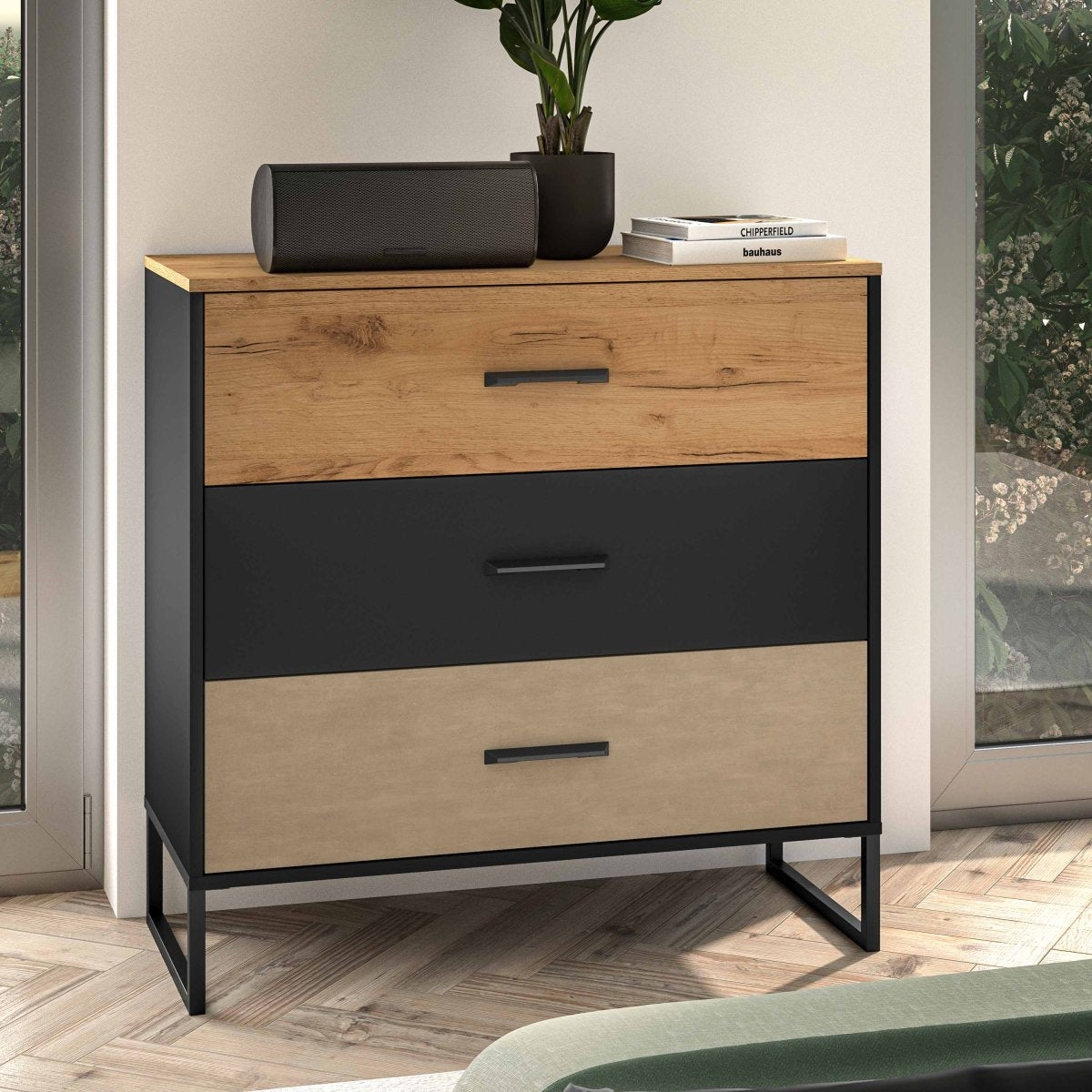 Commode 3 tiroirs Zoran Noir et Bois - vue 2