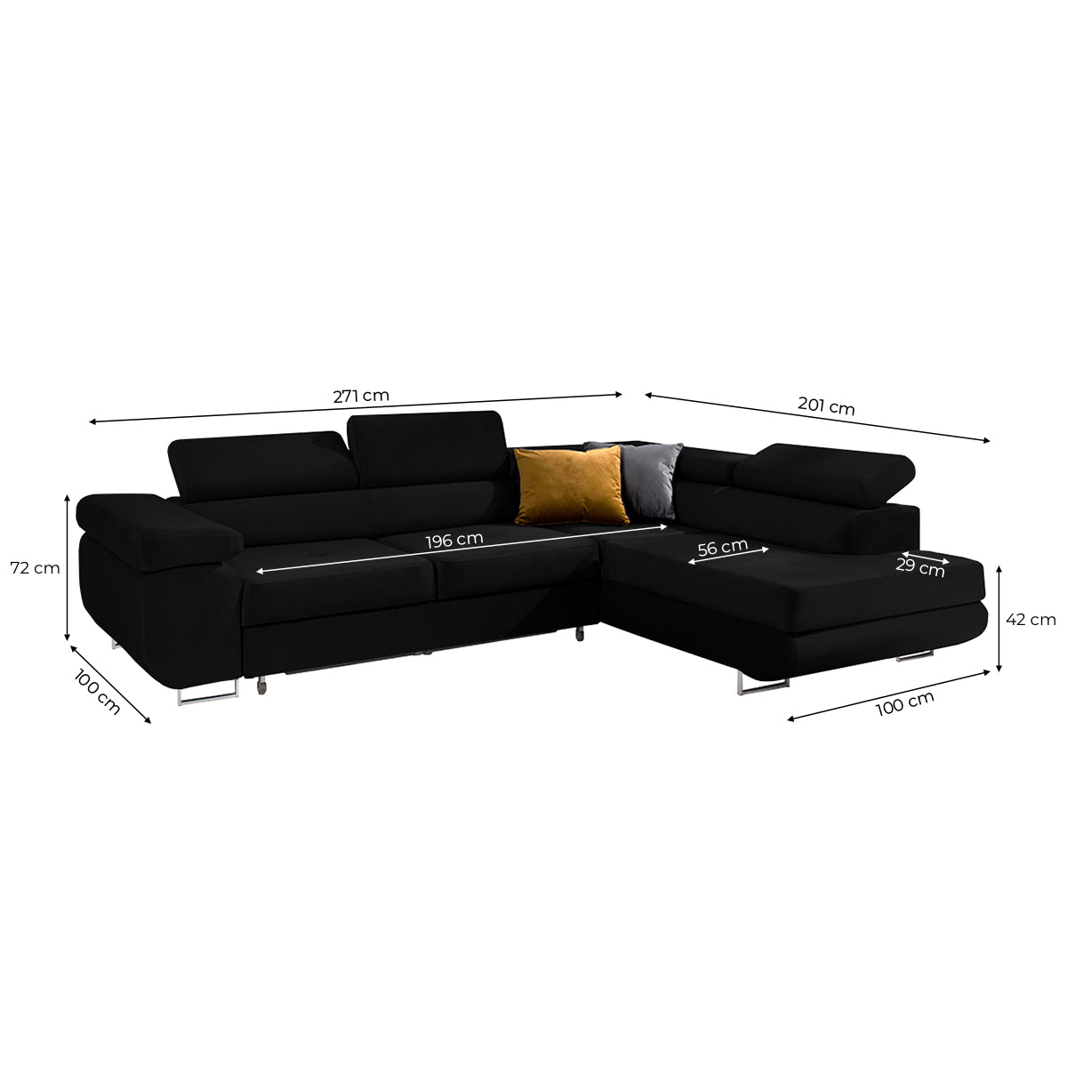 Canapé d'angle convertible droit 4 places Wilson velours Noir - vue 3